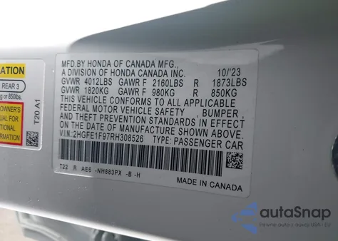 2024 Honda Civic Touring из США, поврежденный, VIN 2HGFE1F97RH308526